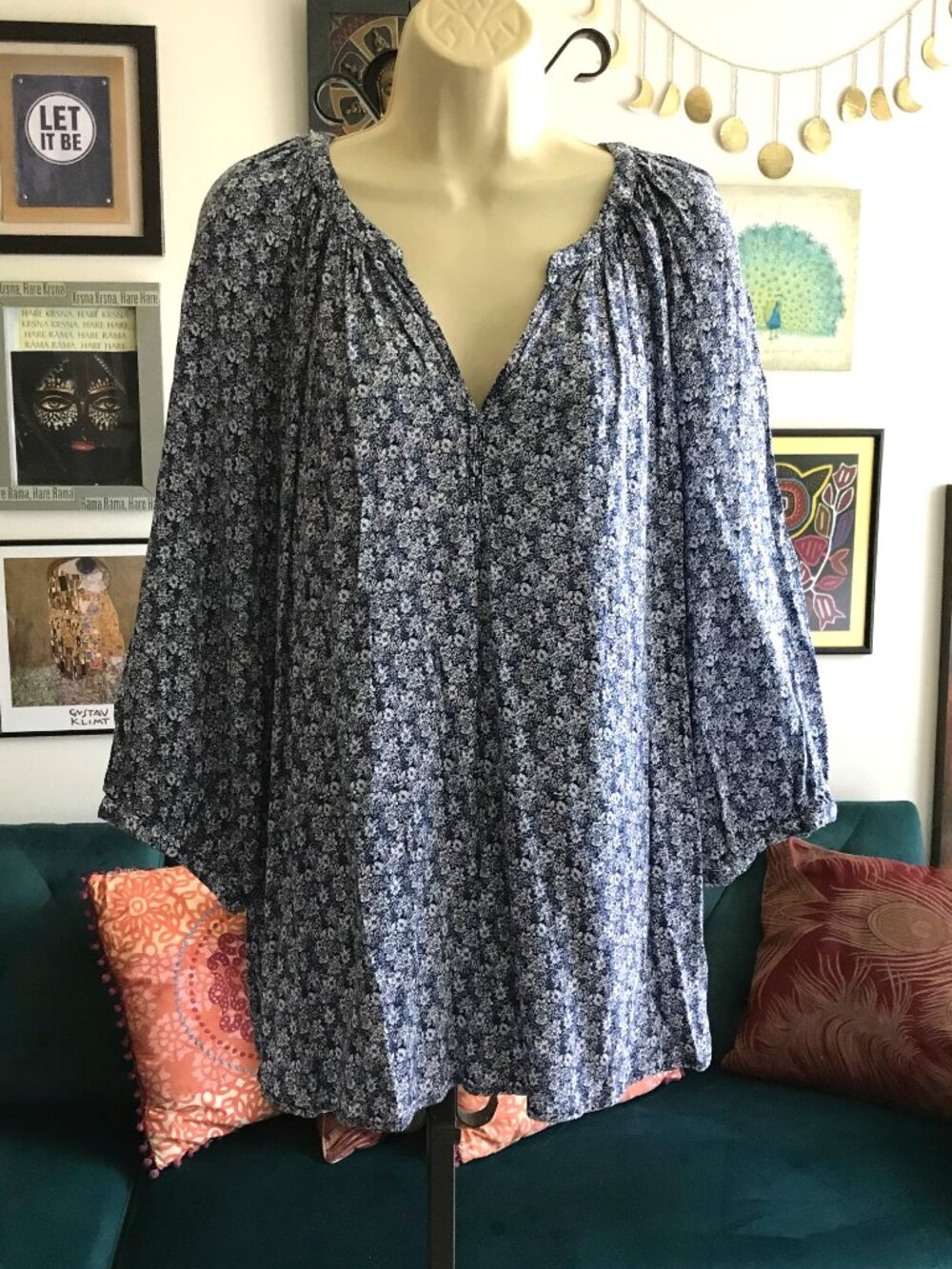 JONES NEW YORK size 3X Navy Blue Ditsy Floral Print Popover Tunic Blouse